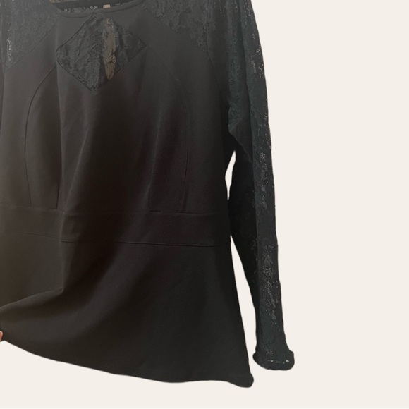 ADDITION ELLE - Black Long Sleeve Lace Peplum Blouse with Keyhole Neckline - Picture 4 of 13